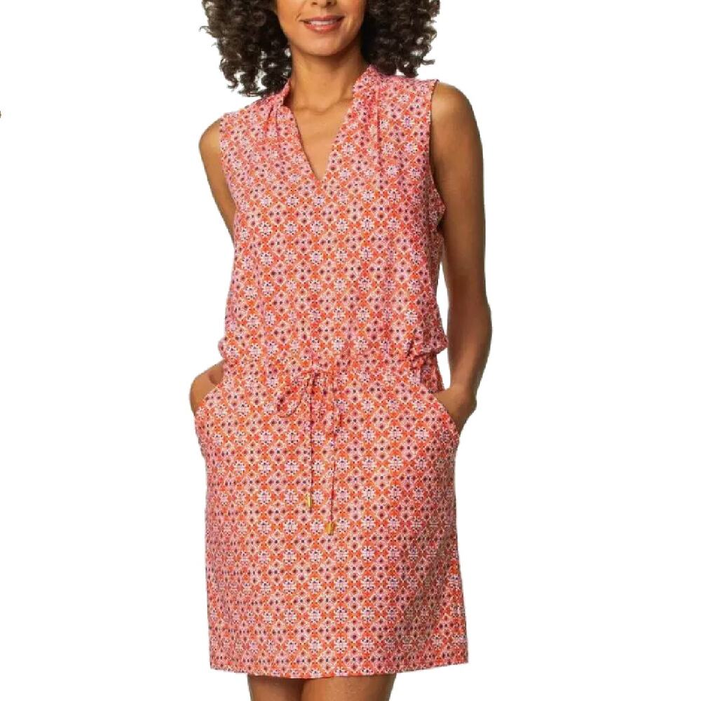 Helen Jon Sanibel Beach Mini Dress Size Large Coral Orange Navy V-neck Pockets